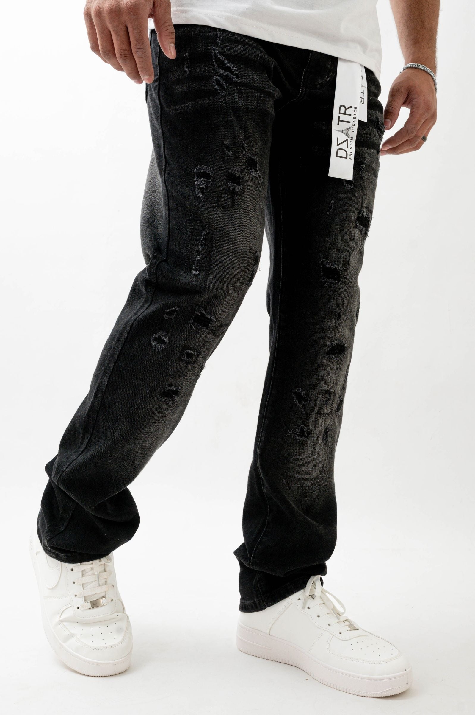 Premium Disaster Super Stretch Straight Fit Denim Jeans - Washed Black