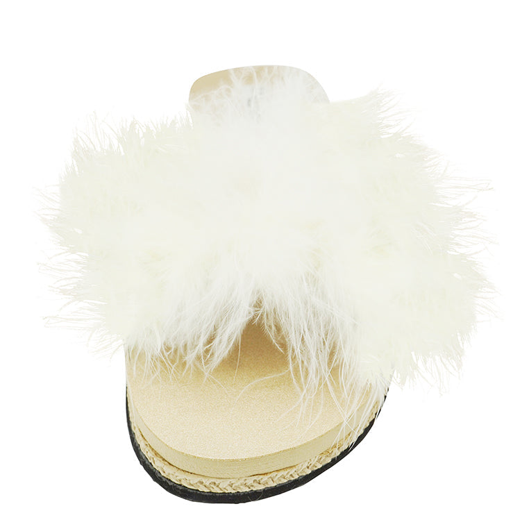 White Feather Espadrille Flat Slide Slippers for Women | Handmade Vegan Leather Sandals